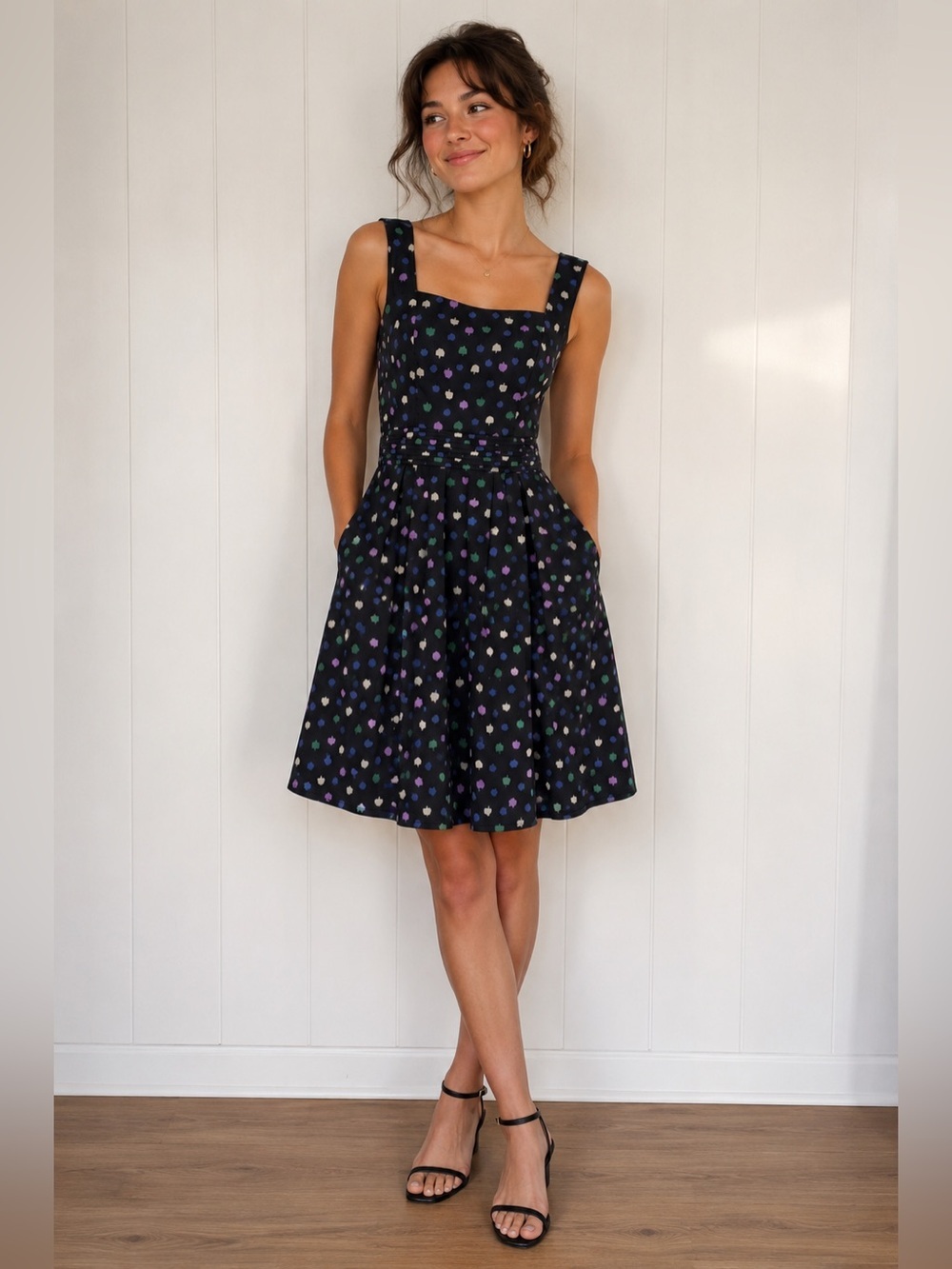 Fit & Flare Dress Whimsical Feminine Black Multicolor Tree Print Pleated Waist L